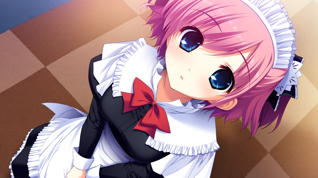 1girl apron black_bow black_shirt black_skirt blue_eyes blush bow bowtie breasts carpet checkered_floor dress dutch_angle frilled_bow frilled_dress frills fumio_(ura_fmo) game_cg grisaia_(series) grisaia_no_kajitsu hair_bow indoors juliet_sleeves komine_sachi long_skirt long_sleeves looking_at_viewer maid maid_headdress medium_breasts non-web_source open_mouth pink_hair puffy_sleeves red_bow red_bowtie shirt short_hair skirt solo standing swept_bangs v_arms variant_set waist_apron white_apron