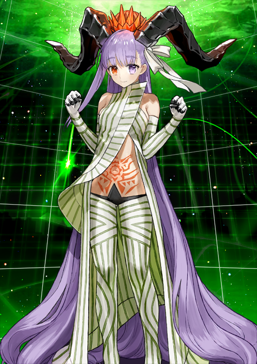 1girl absurdly_long_hair bare_shoulders black_horns black_panties breasts clenched_hands closed_mouth coat crown elbow_gloves fate/grand_order fate_(series) feet_out_of_frame game_cg gloves gluteal_fold green_background green_coat green_gloves green_pantyhose grid hair_ribbon hands_up heterochromia high-low_coat high_collar horns kingprotea_(fate) kingprotea_(third_ascension)_(fate) long_coat long_hair long_sidelocks looking_at_viewer multicolored_coat navel no_shirt official_art panties pantyhose purple_eyes purple_hair red_eyes ribbon sidelocks single_sidelock small_breasts smile solo stomach stomach_tattoo tattoo third-party_source turtleneck two-tone_coat two-tone_gloves two-tone_pantyhose underwear variant_set very_long_hair wada_arco white_coat white_gloves white_pantyhose white_ribbon