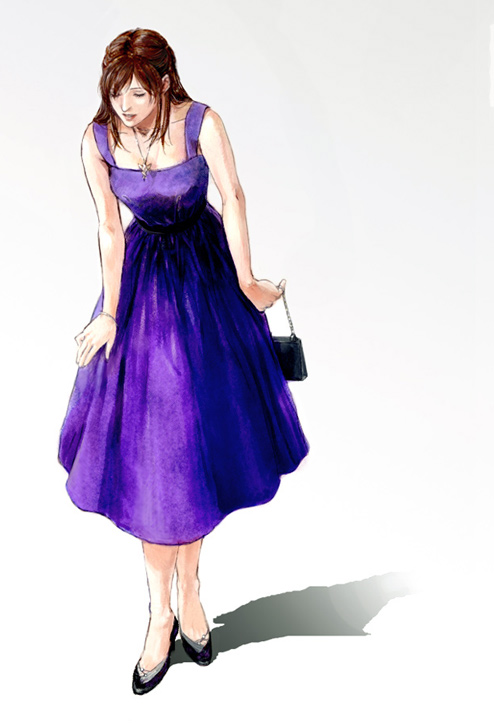 1girl bag bracelet brown_hair capcom closed_eyes devil_may_cry devil_may_cry_(series) devil_may_cry_4 dress female_focus full_body handbag high_heels jewelry kyrie_(devil_may_cry) long_hair necklace niko_(silent.whitesnow) shoes solo white_background