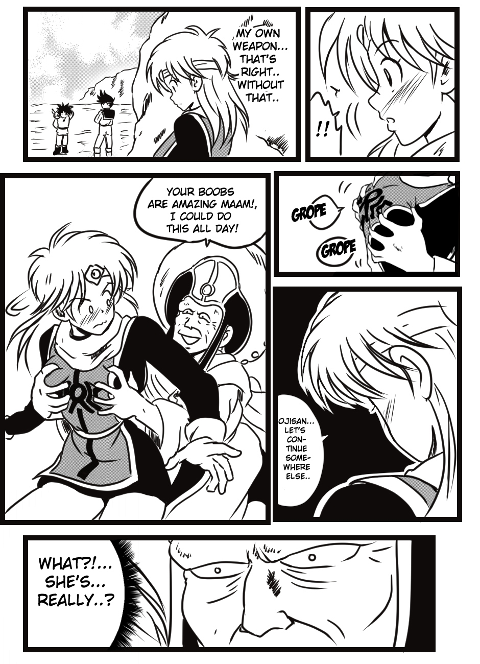 1girl 3boys blush breasts character_age comic dragon_quest dragon_quest_dai_no_daibouken grabbing_another&#039;s_breast grabbing_from_behind groping highres maam matoriv_(dai_no_daibouken) monochrome mood multiple_boys pervert skirt speech_bubble square_enix tagme