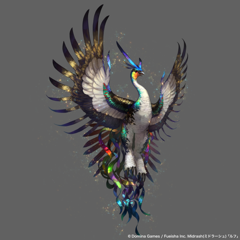 beak bird colorful copyright_name copyright_notice full_body grey_background midrash official_art open_mouth simple_background solo spread_wings tagme talons yumo80295386