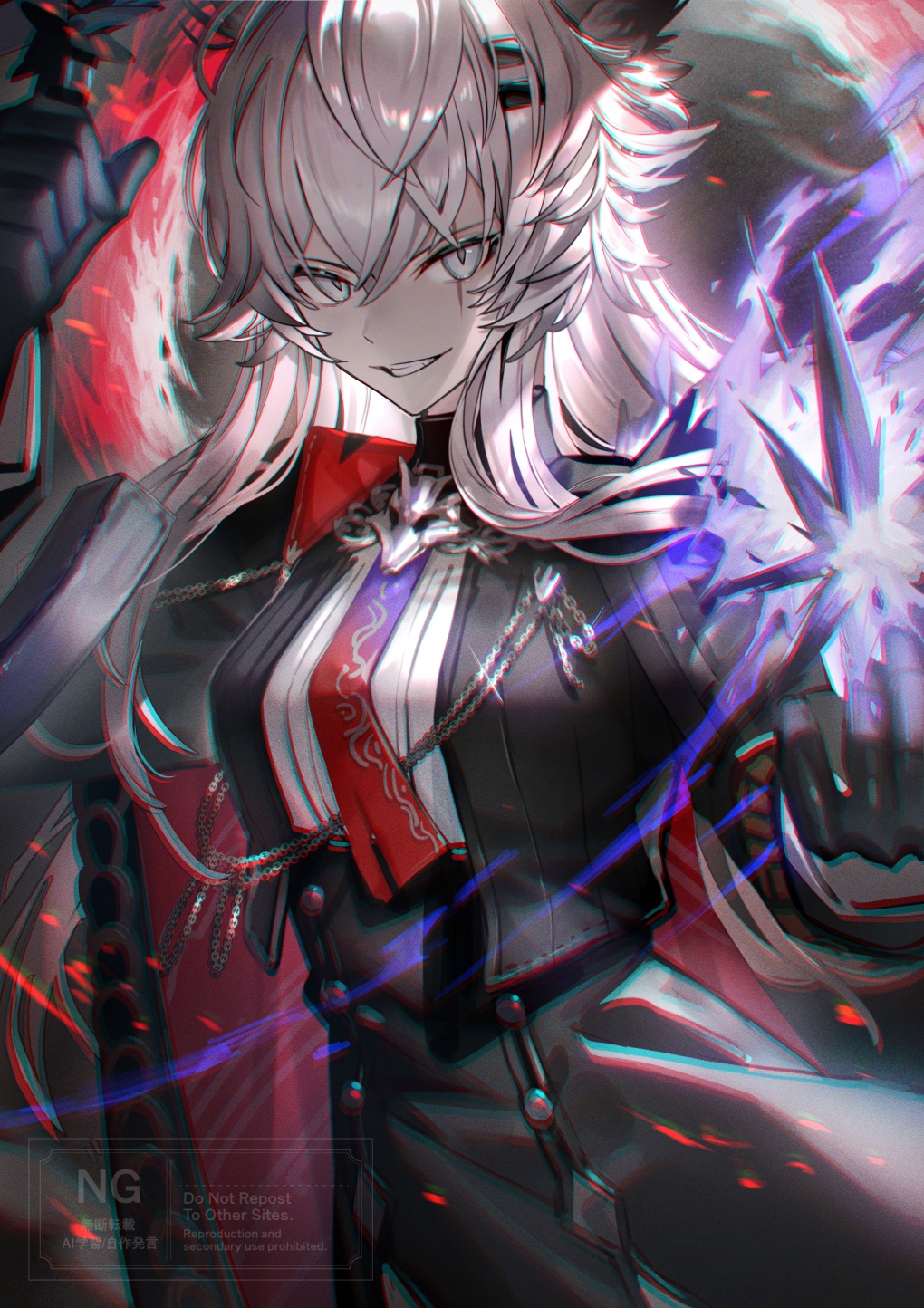 1girl aiguillette animal_ears arknights black_gloves black_jacket breasts buttons cape commentary_request double-breasted gloves gradient_necktie grey_eyes grey_hair grin hair_between_eyes hair_ornament hairclip high-waist_skirt highres holding holding_weapon jacket lappland_(arknights) lappland_the_decadenza_(arknights) long_hair long_sleeves looking_at_viewer medium_breasts motion_blur multicolored_necktie necktie open_clothes open_jacket red_cape red_necktie scar scar_across_eye scar_on_face shirt shoulder_pads sidelocks single_shoulder_pad skirt smile solo tsugutoku two-tone_necktie watermark weapon white_shirt wolf_brooch wolf_ears wolf_girl