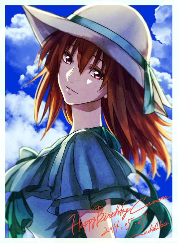10s 1girl blue_dress bow canon_memphis cloud dated day dress female_focus happy_birthday hat hat_ribbon long_hair looking_at_viewer machi_fuka red_eyes red_hair ribbon signature sky smile solo soukyuu_no_fafner sun_hat