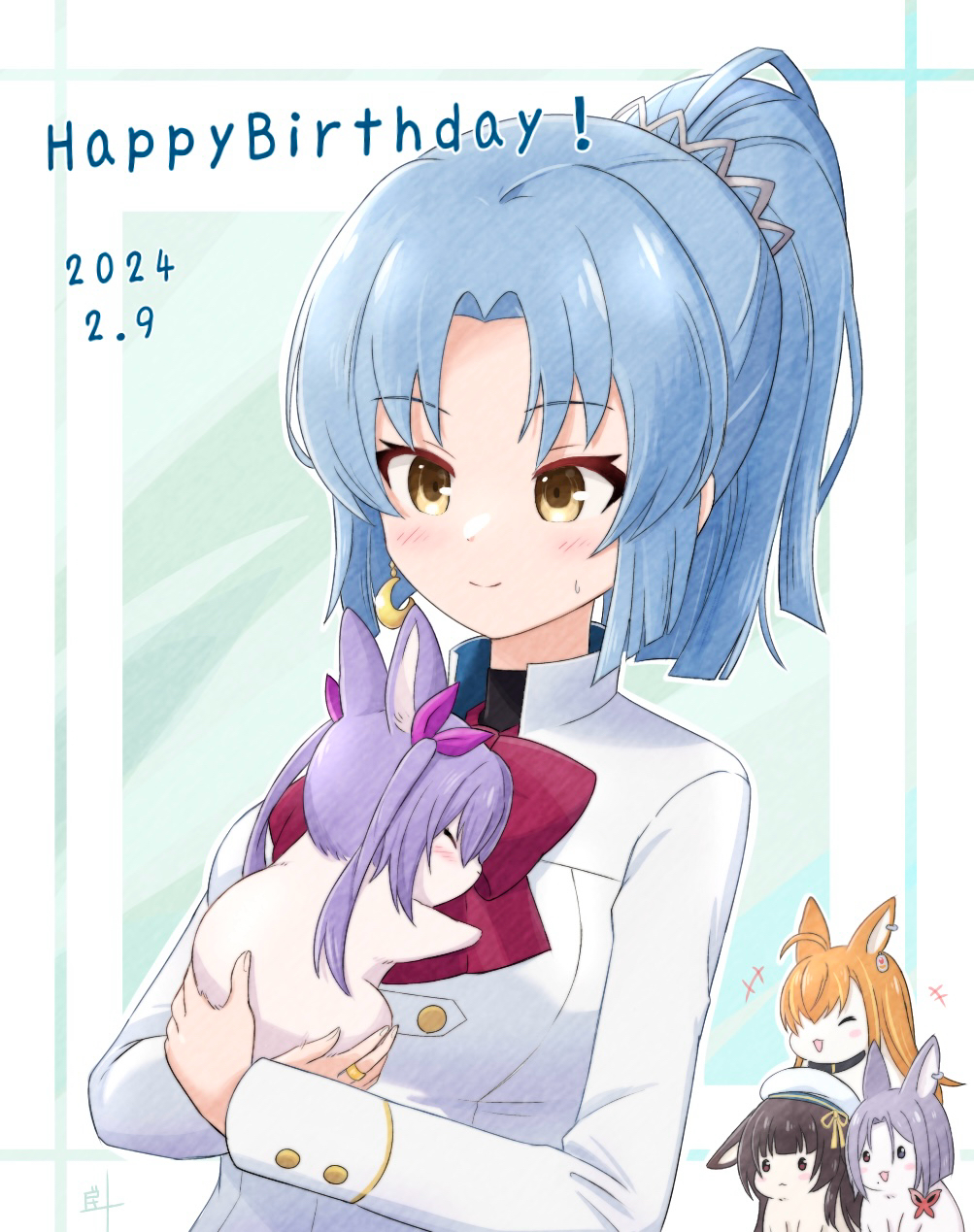 +++ 1girl :d ^_^ ahoge animal animal_ear_piercing animal_ears animalization aqua_background artist_name assault_lily beret black_collar black_hair blonde_hair blue_eyes blue_hair blunt_bangs blunt_ends blush bob_cut border bow bowtie breasts closed_eyes closed_mouth collar commentary crescent crescent_earrings dated earrings gradient_background grey_hair hair_ornament hair_ribbon hands_up happy_birthday hat hat_ribbon herensuge_girls_academy_school_uniform heterochromia high_ponytail highres holding holding_animal inoguchi_minto inset_border jacket jewelry kagawa_makina kariya_higure long_hair long_sleeves looking_at_animal looking_at_another looking_down lop_rabbit_ears makino_mitake matsumura_fuuka medium_breasts mole mole_under_mouth morimoto_yuni multicolored_hair open_mouth orange_hair outside_border parted_bangs pink_ribbon ponytail purple_hair rabbit rabbit_ears red_bow red_bowtie red_eyes ribbon ring school_uniform short_hair smile streaked_hair twintails two-tone_hair upper_body white_border white_headwear white_jacket yellow_ribbon