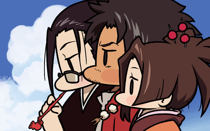 1girl 2boys brown_eyes brown_hair cloud commentary derivative_work from_side fuu_(samurai_champloo) glasses hair_ornament holding holding_smoking_pipe japanese_clothes jazz_jack jinnosuke kiseru mugen_(samurai_champloo) multiple_boys ponytail samurai_champloo screenshot_redraw semi-rimless_eyewear smoking_pipe upper_body