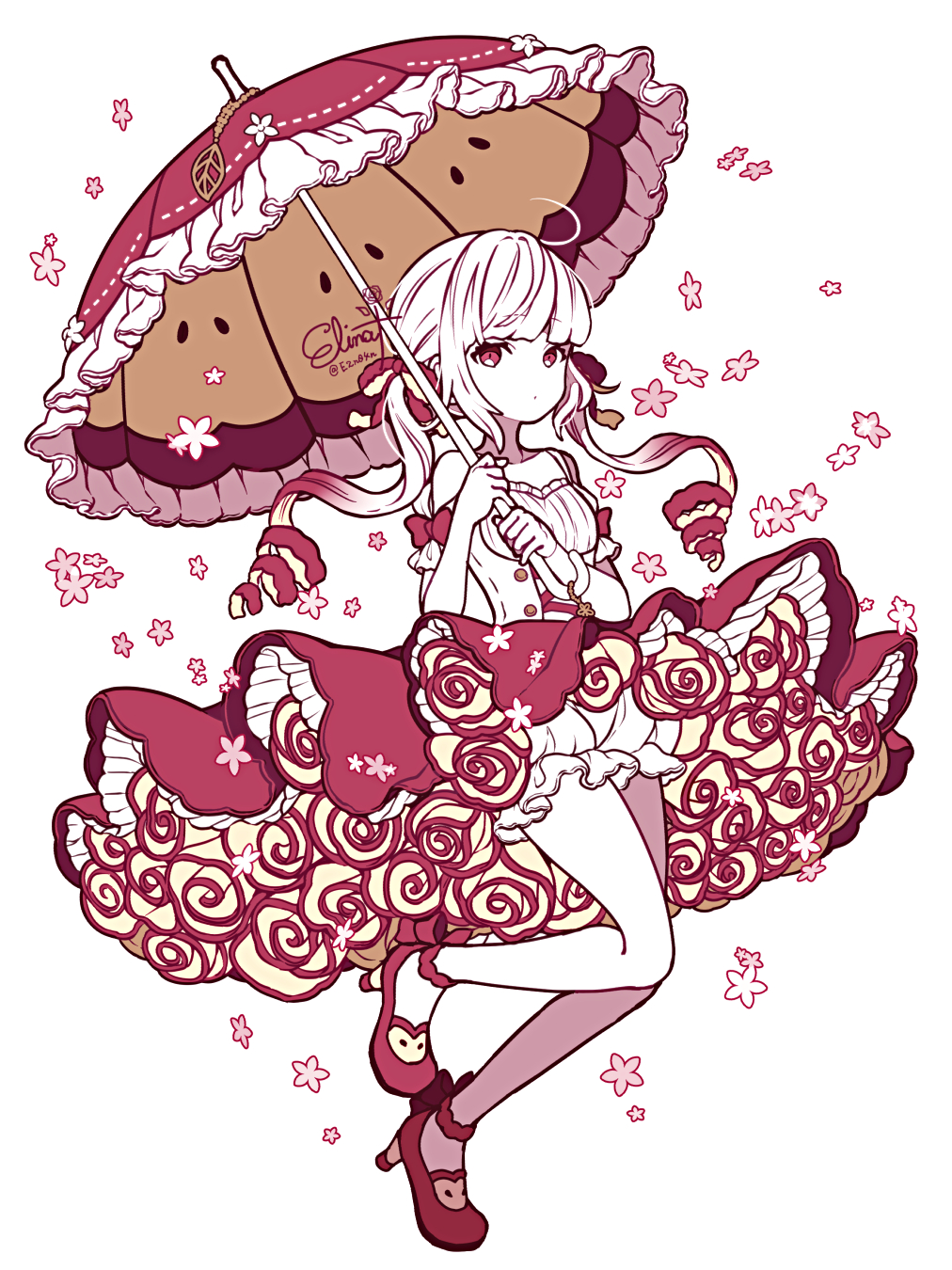 1girl ahoge apple apple_print bloomers commentary drill_hair elina_(e2n04n) flower food food_print frilled_skirt frills fruit fruit_print full_body gradient_hair highres holding holding_umbrella limited_palette looking_at_viewer multicolored_hair original parasol red_eyes red_footwear red_hair red_skirt signature simple_background skirt umbrella umbrella_flower underwear white_background white_bloomers white_hair