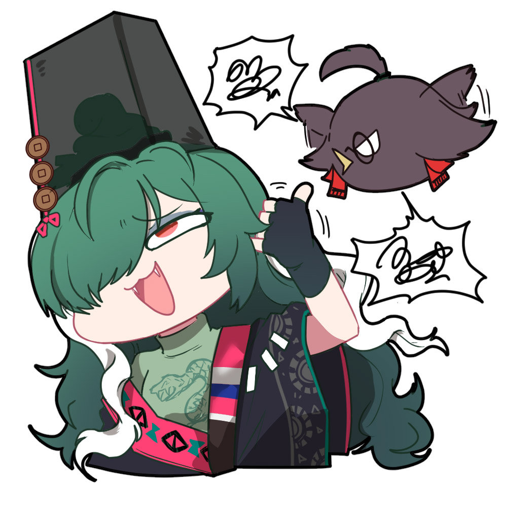1girl angry artist_request bird black_hat black_robe chibi chibi_only chinese_commentary ear_picking fangs girls&#039;_frontline girls&#039;_frontline_neural_cloud green_hair green_shirt hair_over_one_eye hat monocle nora_(neural_cloud) official_art open_mouth red_eyes robe second-party_source shirt shouting smug spoken_squiggle squiggle taoism white_hair zangyin_(neural_cloud)