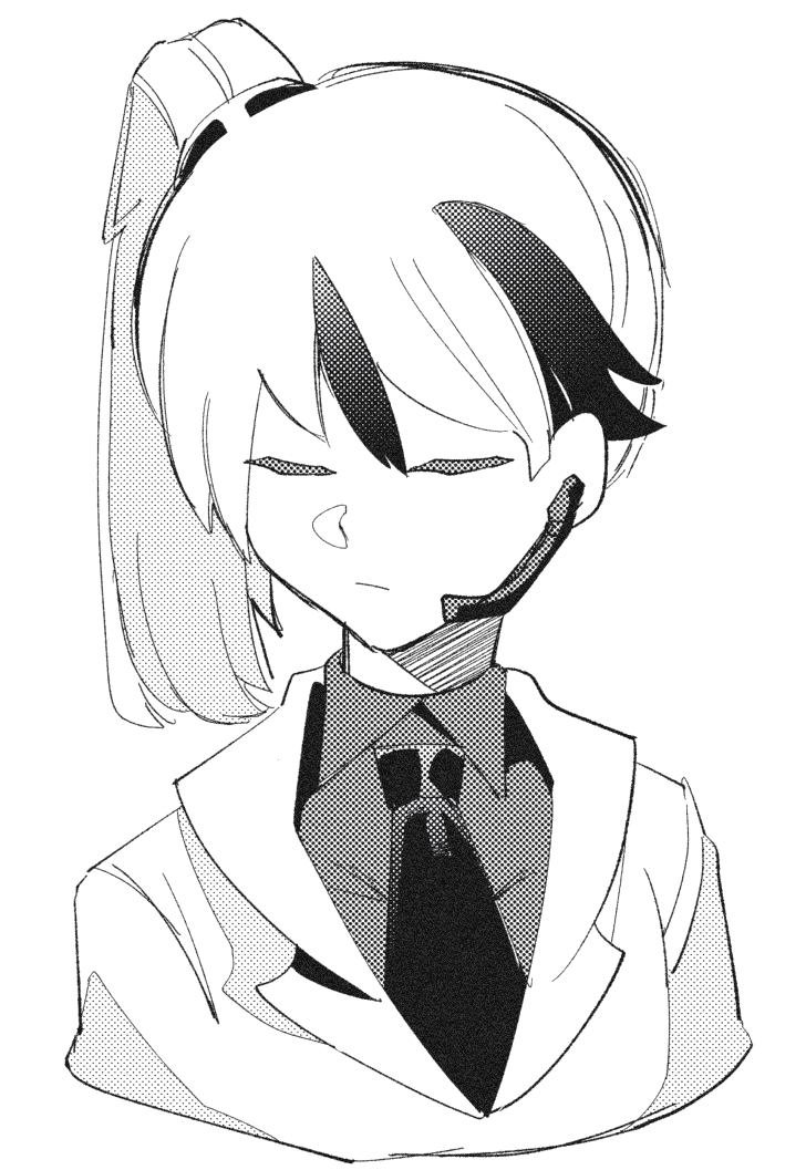 1boy closed_eyes closed_mouth collared_shirt earpiece formal_clothes greyscale jacket library_of_ruina madotsuki_ren microphone monochrome multicolored_hair necktie project_moon shirt side_ponytail simple_background solo streaked_hair suit upper_body wing_collar yan_vismok