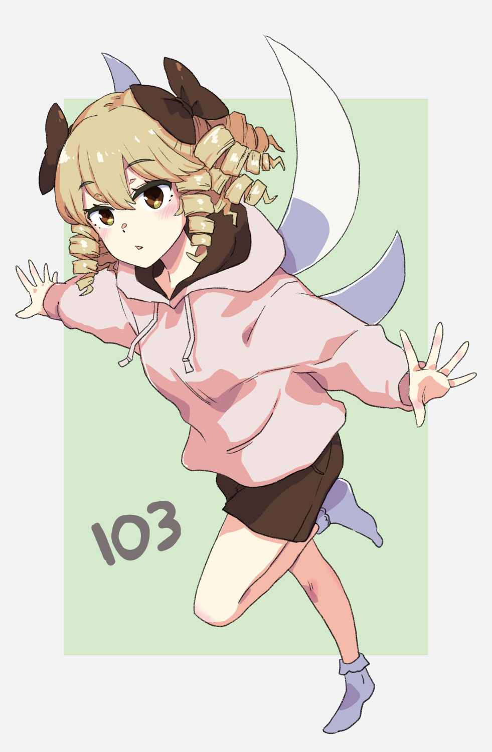 1girl blonde_hair blush bobby_socks border bow breasts brown_bow brown_shorts commentary_request drill_hair drill_sidelocks fairy_wings full_body green_background hair_bow highres hood hood_down hoodie jack_(wkm74959) long_sleeves looking_at_viewer luna_child no_headwear one-hour_drawing_challenge outstretched_arms parted_lips pink_hoodie puffy_sleeves shorts sidelocks small_breasts socks standing standing_on_one_leg touhou white_border white_socks wings yellow_eyes