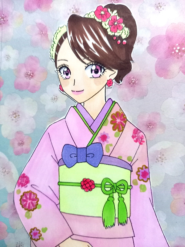 1girl blue_background bow brown_hair earrings floral_background floral_print flower flower_earrings hair_flower hair_ornament japanese_clothes jewelry kimono kwai_chi long_sleeves looking_at_viewer momochi_kasumi obi pink_eyes pink_kimono print_kimono sash shuriken_sentai_ninninger smile super_sentai