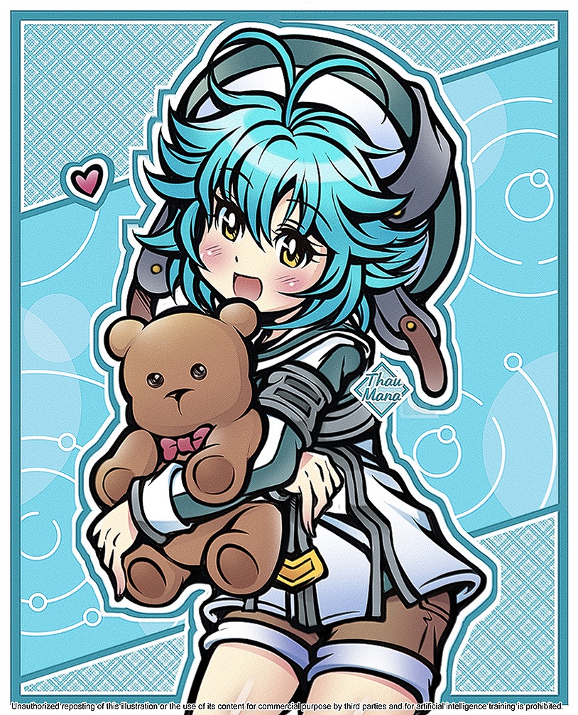1girl ahoge artist_logo beret blue_hair commentary denim denim_shorts eiyuu_densetsu english_commentary english_text hair_between_eyes hat heart holding holding_stuffed_toy holding_teddy_bear logo millium_orion open_mouth sen_no_kiseki sen_no_kiseki_(series) sen_no_kiseki_ii short_hair shorts smile solo stuffed_animal stuffed_toy teddy_bear thaumana yellow_eyes