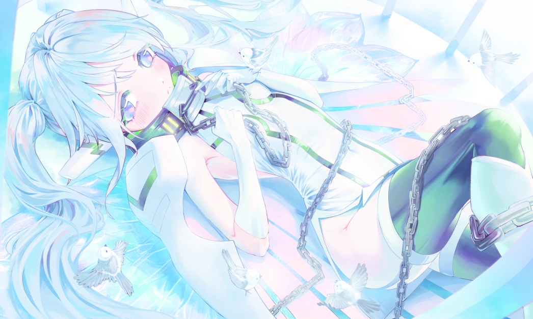 1girl angel_wings bird black_thighhighs blue_eyes blue_hair boots chain collar commentary elbow_gloves english_commentary feet_out_of_frame gloves hands_on_own_chest knee_boots long_hair looking_at_viewer metal_collar nymph_(sora_no_otoshimono) phoebe_(user_vvpf4584) robot_ears solo sora_no_otoshimono thighhighs twintails white_boots white_gloves wings