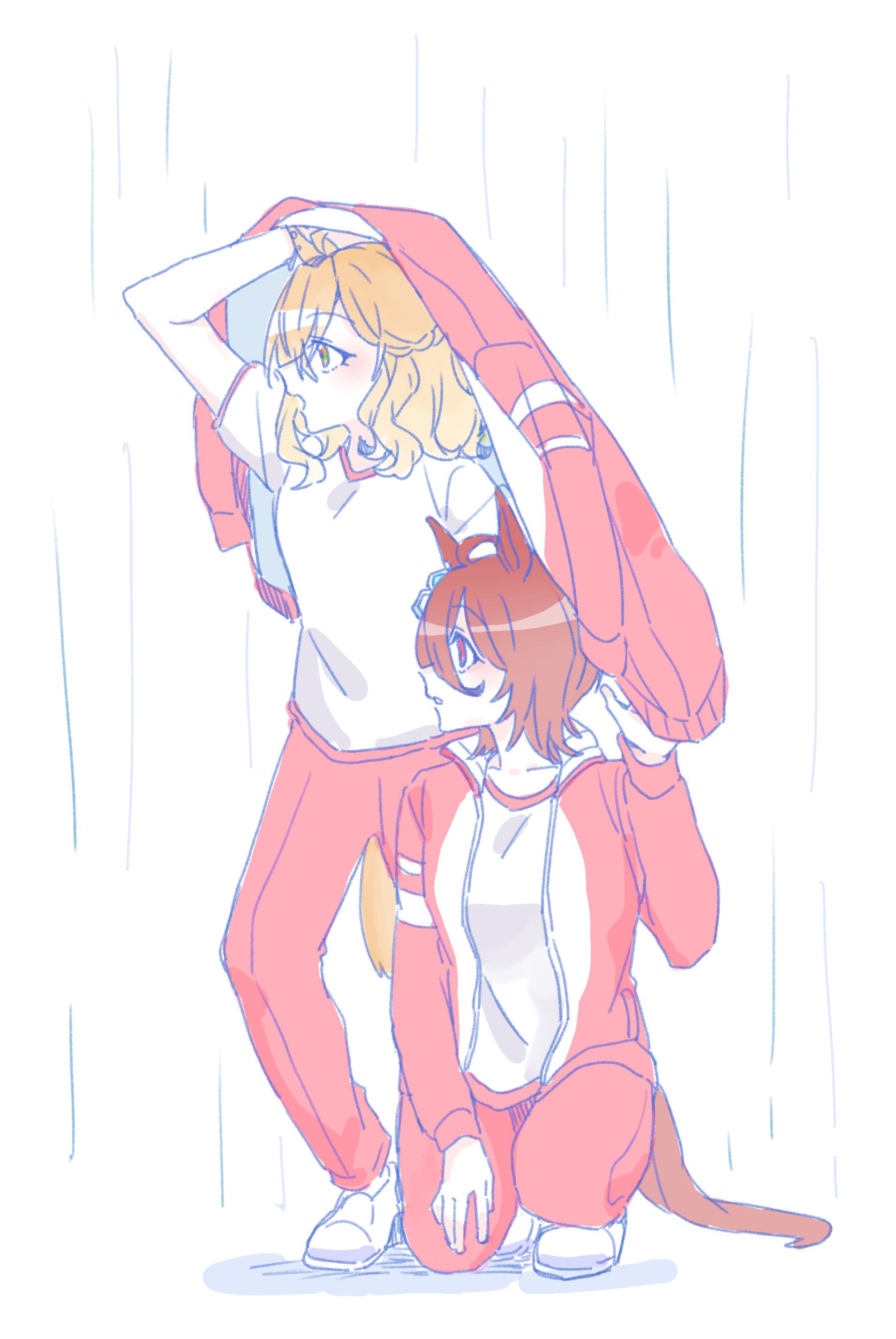 2girls absurdres agnes_tachyon_(umamusume) animal_ears arm_up braid brown_hair gym_shirt hair_between_eyes highres horse_ears horse_girl horse_tail improvised_umbrella jacket jungle_pocket_(umamusume) multiple_girls pants parted_lips rain red_eyes red_jacket red_pants seila_rei shirt shoes simple_background tail track_jacket track_pants track_suit umamusume white_background white_shirt white_shoes