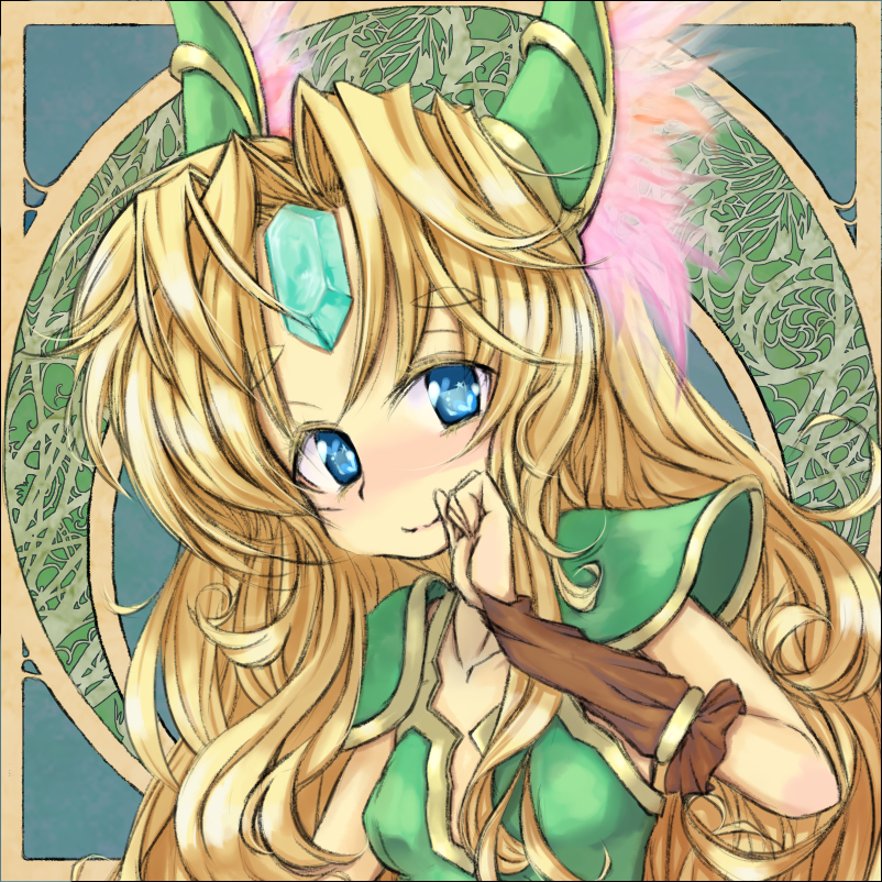 1girl aqua_gemstone armor blonde_hair blue_eyes breasts bridal_gauntlets closed_mouth collarbone colored_eyelashes croixsan curtained_hair eyelashes forehead_jewel gem green_armor hand_up helmet long_hair medium_breasts pauldrons riesz seiken_densetsu seiken_densetsu_3 shoulder_armor smile solo star_(symbol) star_in_eye symbol_in_eye thick_eyebrows upper_body winged_helmet