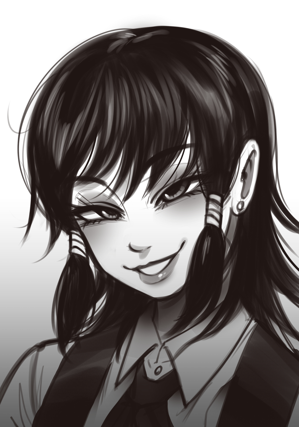 1girl chainsaw_man commentary earrings english_commentary evil_smile fourth_east_high_school_uniform greyscale highres jewelry joylewds low-tied_sidelocks mifune_fumiko monochrome parted_lips portrait school_uniform sidelocks smile solo stud_earrings