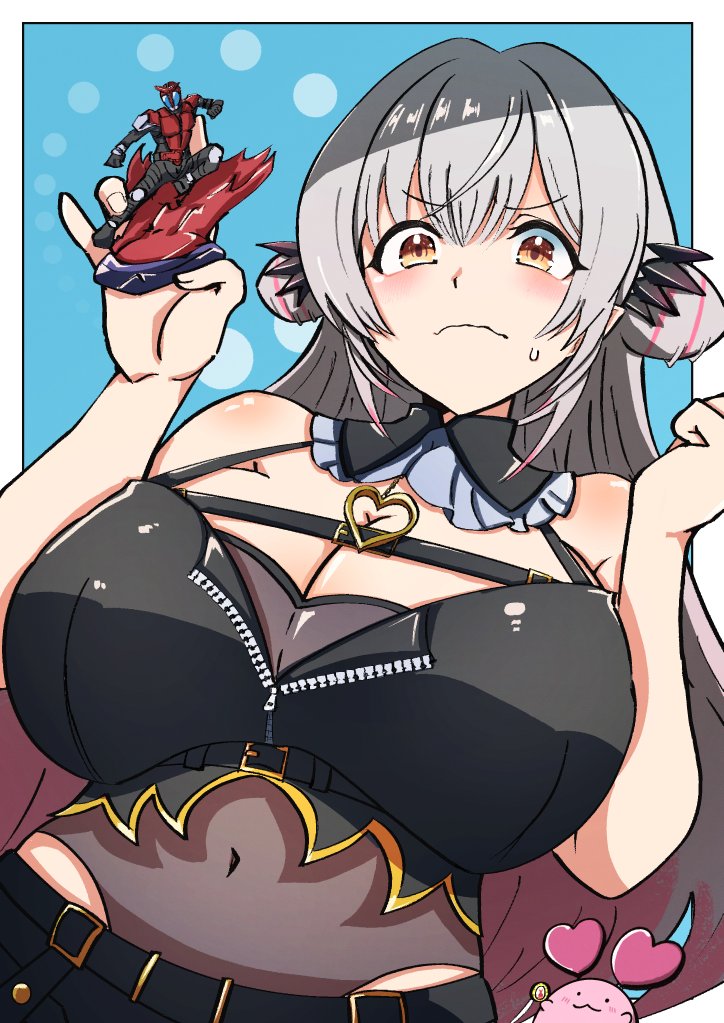 029skysky 1girl black_collar black_horns black_skirt black_tank_top blue_background blush breasts cleavage closed_mouth collar commentary covered_navel crop_top demon_girl demon_horns detached_collar double_bun figure frown gradient_hair grey_hair hair_bun holding_figure horns huge_breasts indie_virtual_youtuber kamen_rider kamen_rider_kabuto kamen_rider_kabuto_(series) kamen_rider_summonride kanikama_(suou_patra) long_hair multicolored_hair orange_eyes pink_hair pointy_ears skirt solo suou_patra suou_patra_(11th_costume) symbol-only_commentary tank_top upper_body virtual_youtuber wavy_mouth