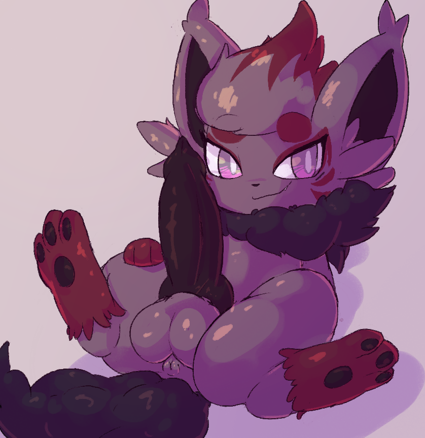 1boy animal_ears animal_nose animal_penis anus ass body_fur bright_pupils closed_mouth erection eyebrows furry furry_male gen_5_pokemon grey_background knotted_penis legs_apart lodetail long_ears nintendo nude pawpads penis pointy_ears pokemon pokemon_(creature) presenting solo spread_legs testicles uncensored white_pupils zorua