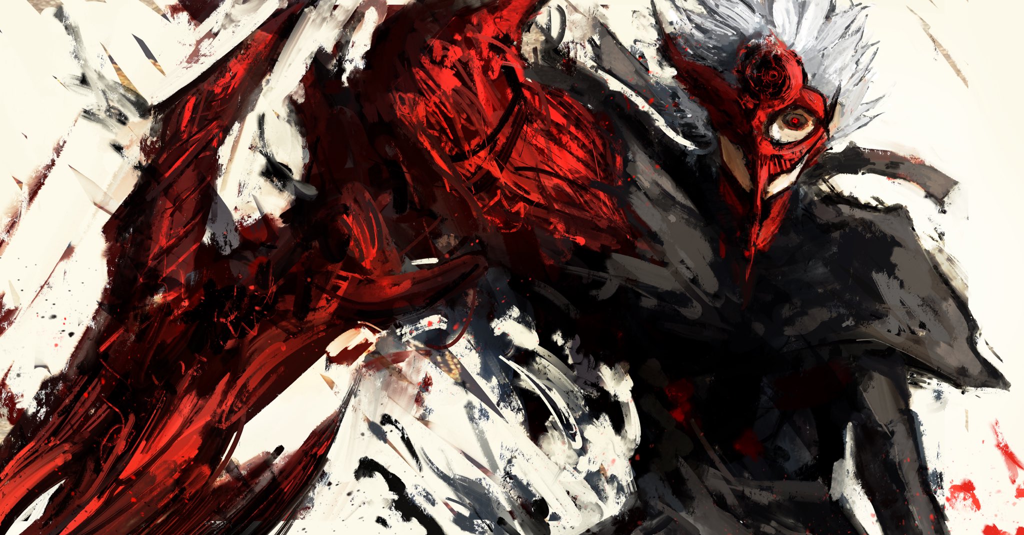 1boy arm_at_side black_capelet black_sclera black_shirt capelet colored_sclera extra_eyes highres kagune_(tokyo_ghoul) kaneki_ken kyezzzz looking_at_viewer male_focus mask one_eye_covered red_eyes red_mask shirt short_hair solo tokyo_ghoul tokyo_ghoul:re torn torn_clothes white_background white_hair