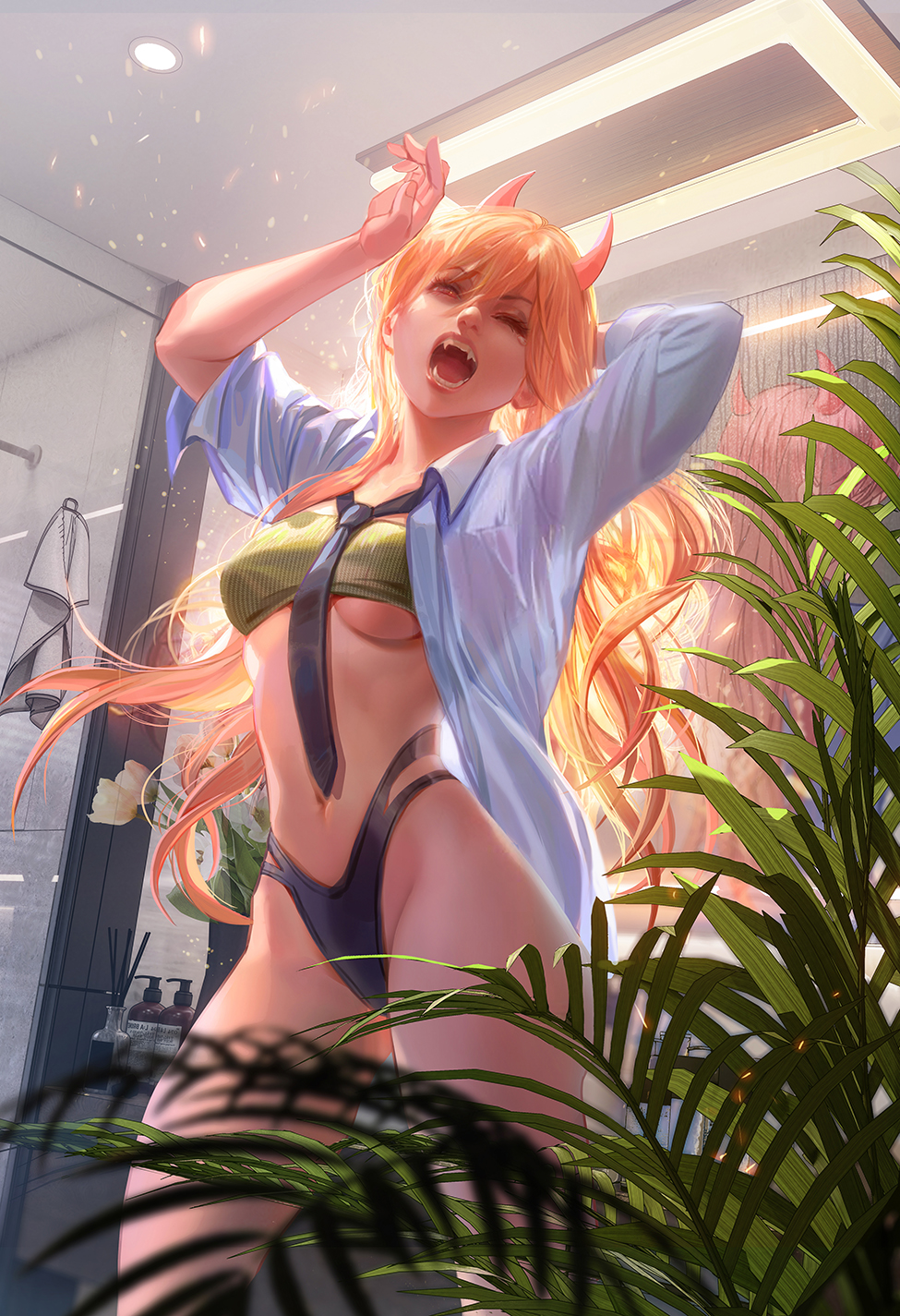 1girl backlighting bathroom black_necktie black_panties breasts chainsaw_man commentary english_commentary fan_yang_(jiuge) fangs fingernails green_sports_bra high-waist_panties highres horns long_hair makeup mascara messy_hair multi-strapped_panties navel necktie one_eye_closed open_clothes open_mouth open_shirt panties power_(chainsaw_man) red_eyes red_horns sleeves_pushed_up small_breasts solo sports_bra standing underboob underwear yawning