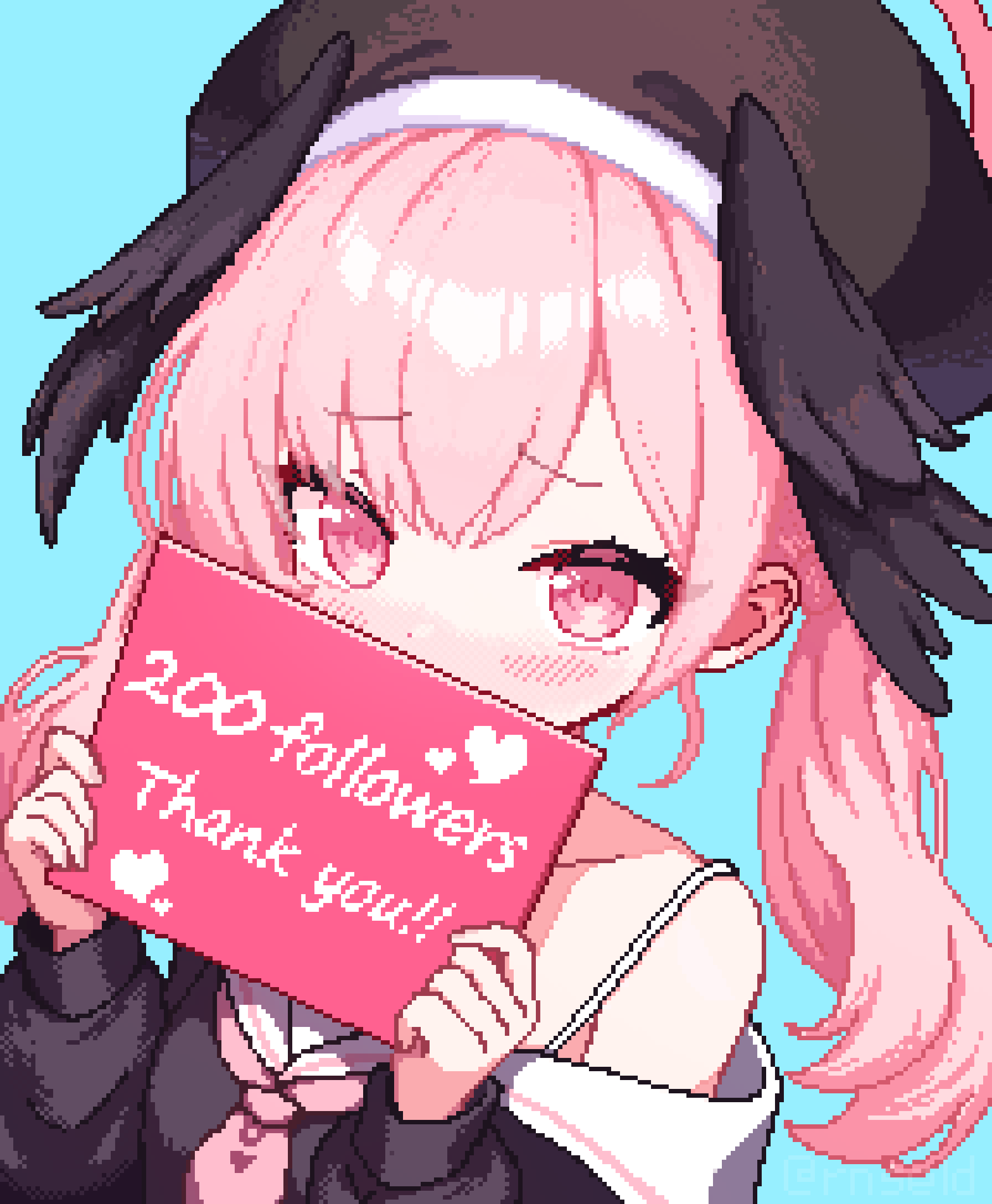 1girl blue_archive blue_background blush chobiii7 covering_own_mouth embarrassed furrowed_brow halo highres koharu_(blue_archive) long_sleeves looking_at_viewer low_twintails milestone_celebration neckerchief off_shoulder pink_eyes pink_hair pink_halo pink_neckerchief pixel_art rns sailor_collar school_uniform serafuku simple_background solo spaghetti_strap thank_you twintails upper_body white_sailor_collar