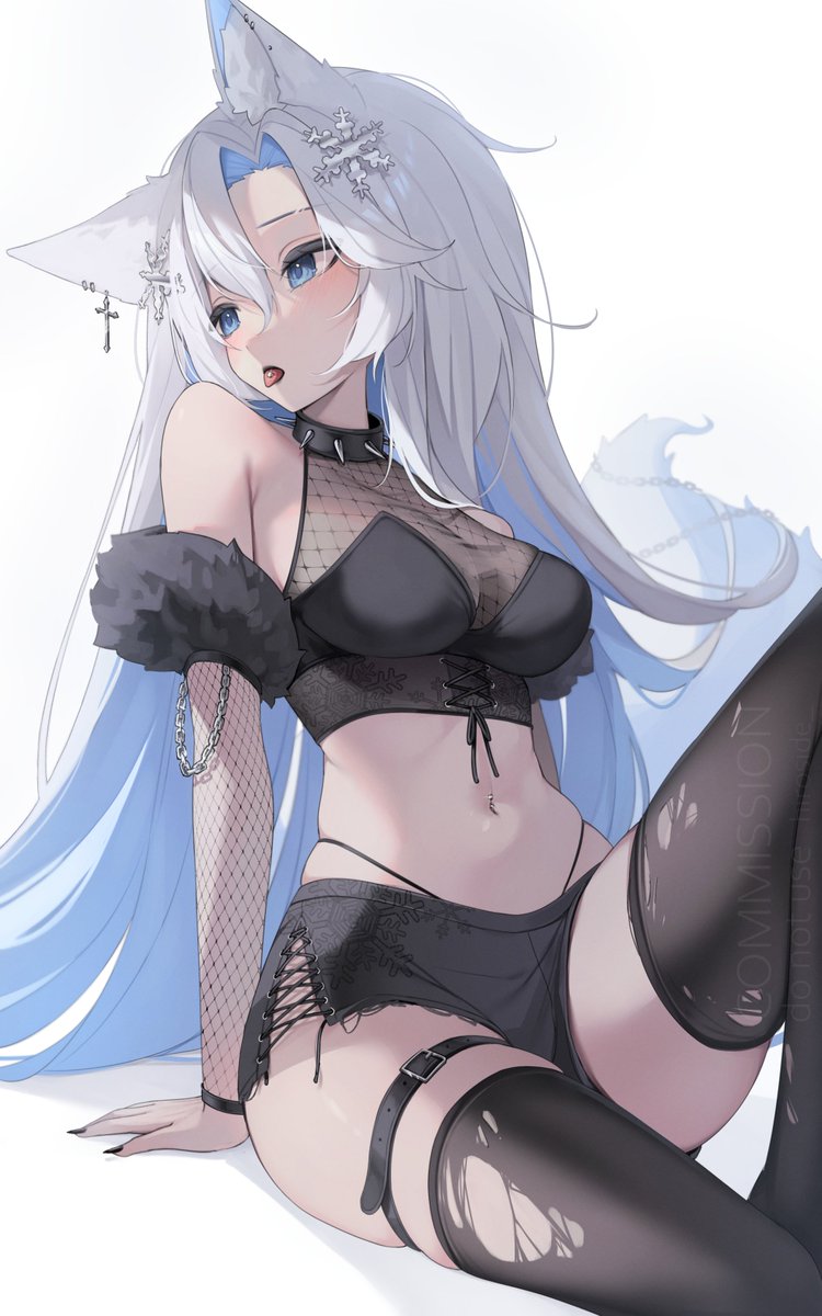 1girl animal_ear_fluff animal_ears bare_shoulders belt black_belt black_nails black_skirt black_thighhighs blue_eyes blue_hair breasts chain collar colored_inner_hair commission cross cross-laced_clothes cross-laced_skirt cross_earrings detached_sleeves earrings fishnet_sleeves fishnets fox_ears fox_girl fox_tail grey_hair hair_between_eyes hair_ornament highres hiroside indie_virtual_youtuber jewelry long_hair midriff miniskirt multicolored_hair navel navel_piercing piercing skirt smug_alana snowflake_hair_ornament snowflake_print solo spiked_collar spikes tail thigh_belt thigh_strap thighhighs tongue tongue_piercing torn_clothes torn_thighhighs virtual_youtuber watermark
