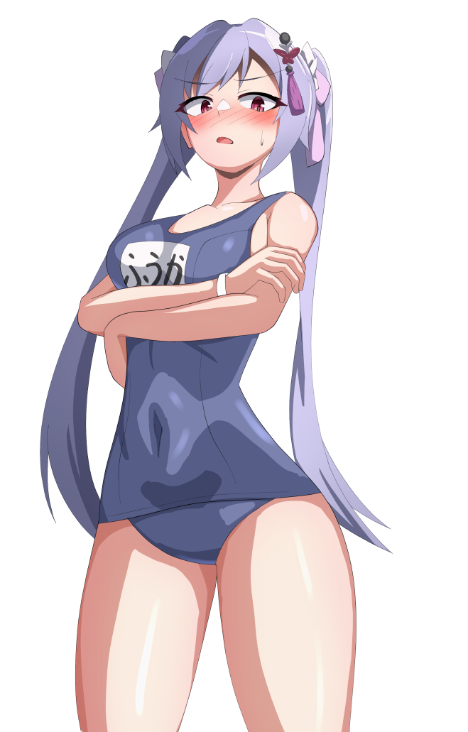 1girl arms_under_breasts assault_lily bare_arms bare_shoulders blue_one-piece_swimsuit blush bracelet breasts commentary covered_navel cowboy_shot crossed_arms hair_ornament hair_ribbon ishitsuma_canon jewelry long_hair looking_at_viewer matsumura_fuuka medium_breasts name_tag nose_blush official_alternate_costume one-piece_swimsuit parted_lips pink_eyes pink_ribbon purple_hair ribbon school_swimsuit simple_background solo standing sweatdrop swimsuit tassel tassel_hair_ornament twintails very_long_hair white_background white_ribbon