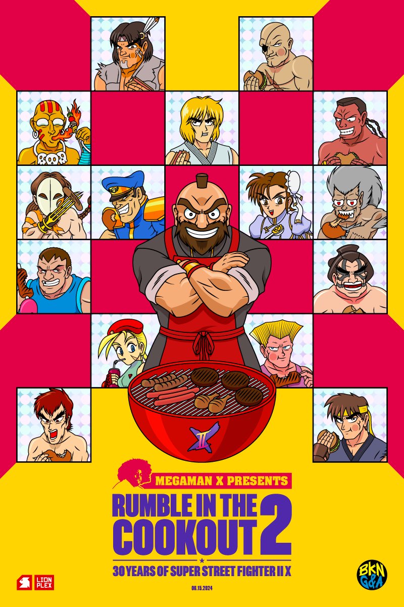 apron artist_logo balrog_(street_fighter) bird blanka breath_weapon breathing_fire burger cammy_white capcom chicken chun-li crossed_arms cup dee_jay dhalsim drumsticks eating e._honda english_text fei_long fire food grill grin guile highres holding holding_burger holding_food hot_dog ken_masters logo m._bison ryu_(street_fighter) sagat sausage smile street_fighter thunder_hawk vega_(street_fighter) zangief