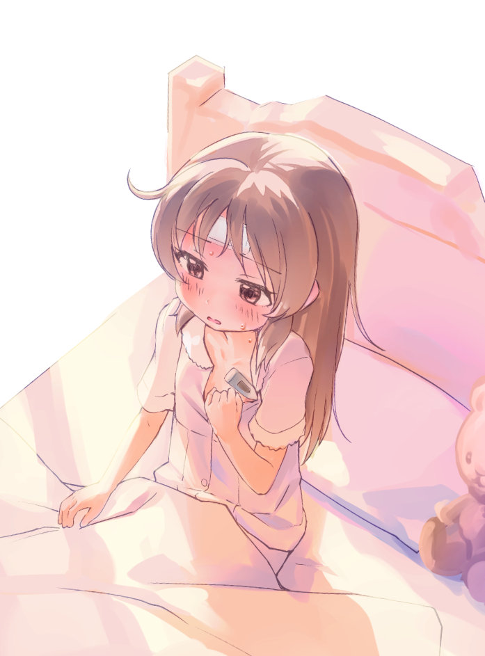 1girl bed blanket blush brown_eyes brown_hair cold_pack fever idolmaster idolmaster_cinderella_girls kawaseki long_hair on_bed pajamas pillow short_sleeves sick sitting sketch solo stuffed_animal stuffed_toy sweat tachibana_arisu teddy_bear thermometer under_covers
