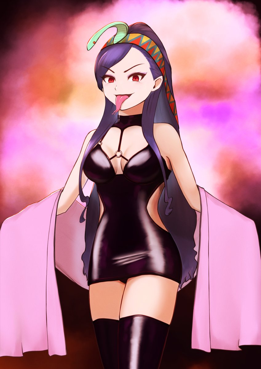 1girl bodycon breasts chrono_cross corruption dark_persona dress hairband highres long_hair looking_at_viewer open_mouth purple_hair riddel_(chrono_cross) short_dress smile solo thighhighs yami-mochi