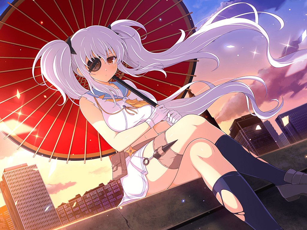 breasts cityscape closed_mouth clothing_cutout dot_mouth eyepatch gloves kunai large_breasts long_hair looking_at_viewer navel navel_cutout ninja official_art oil-paper_umbrella on_roof red_eyes sailor_collar senran_kagura senran_kagura_new_link shuriken shuriken_hair_ornament sitting torn_clothes torn_socks twintails umbrella weapon white_gloves white_hair wind yagyu_(senran_kagura)