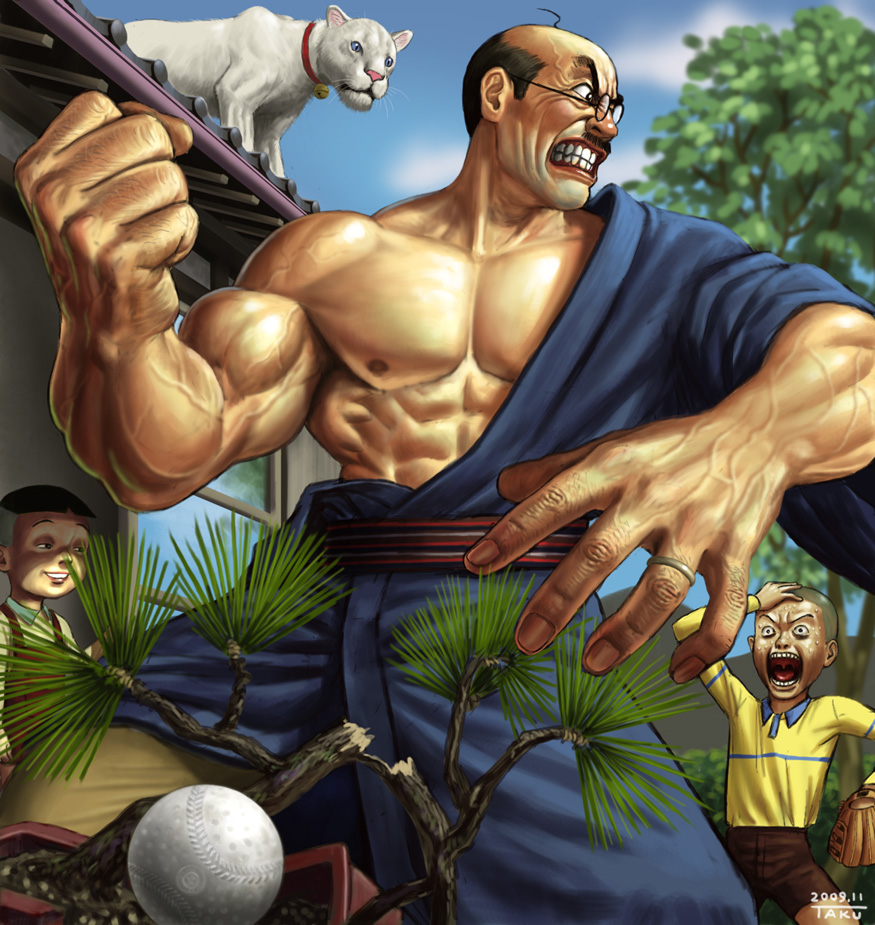 3boys angry animal bald baseball baseball_glove black_hair bonsai cat child clenched_hand facial_hair fuguta_tarao glasses isono_katsuo isono_namihei jewelry male_focus manly matataku multiple_boys muscular mustache original ring sazae-san signature tama_(sazae-san) teeth troll_face wedding_band you_gonna_get_raped