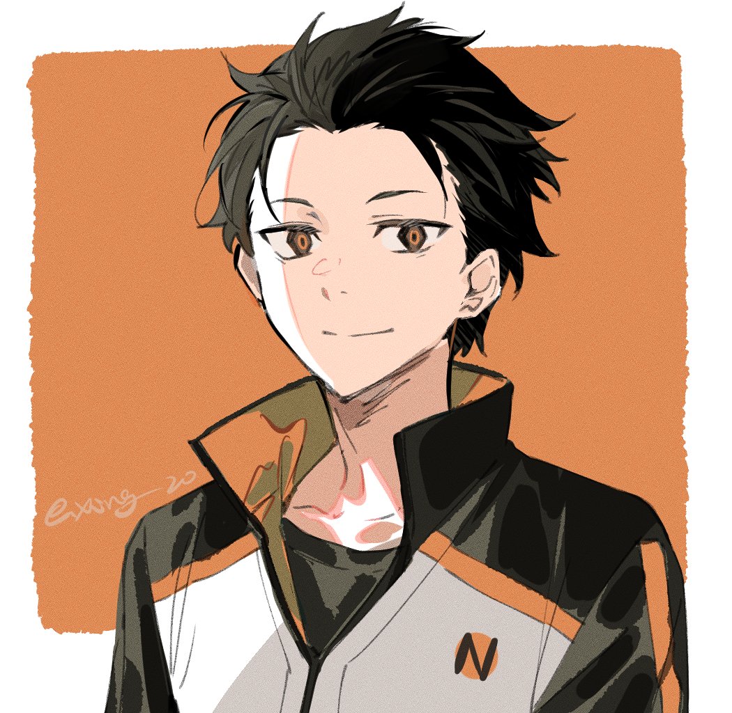 1boy artist_name black_hair brown_eyes closed_mouth jacket long_sleeves looking_at_viewer male_focus natsuki_subaru popped_collar portrait re:zero_kara_hajimeru_isekai_seikatsu short_hair simple_background smile solo track_jacket xing_20