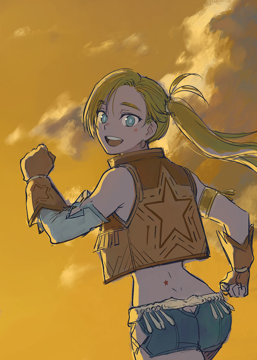 1girl aqua_eyes aqua_shorts armlet ass_cutout b_suke blonde_hair brown_gloves brown_vest butt_crack calamity_jane_(fate) calamity_jane_(first_ascension)_(fate) clothing_cutout cloud fate/grand_order fate_(series) from_behind gloves highres jewelry looking_at_viewer one_side_up open_mouth outdoors shorts sky sleeveless smile solo star_(symbol) sunset teeth upper_teeth_only vest yellow_sky