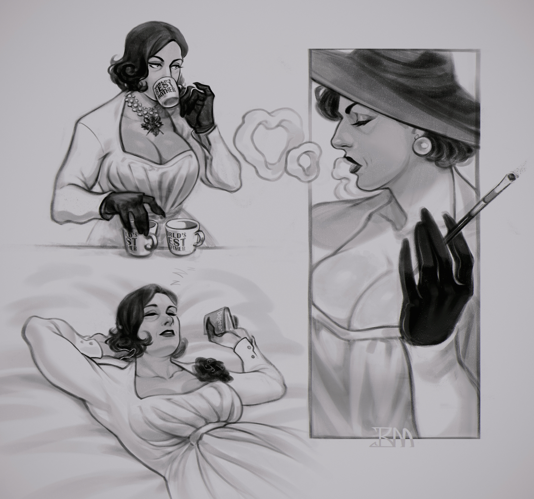 1girl alcina_dimitrescu black_gloves cigarette_holder cup drinking gloves greyscale highres holding holding_cup looking_to_the_side medium_hair monochrome mug_writing pooziqo-royal resident_evil resident_evil_village sleeping smoking