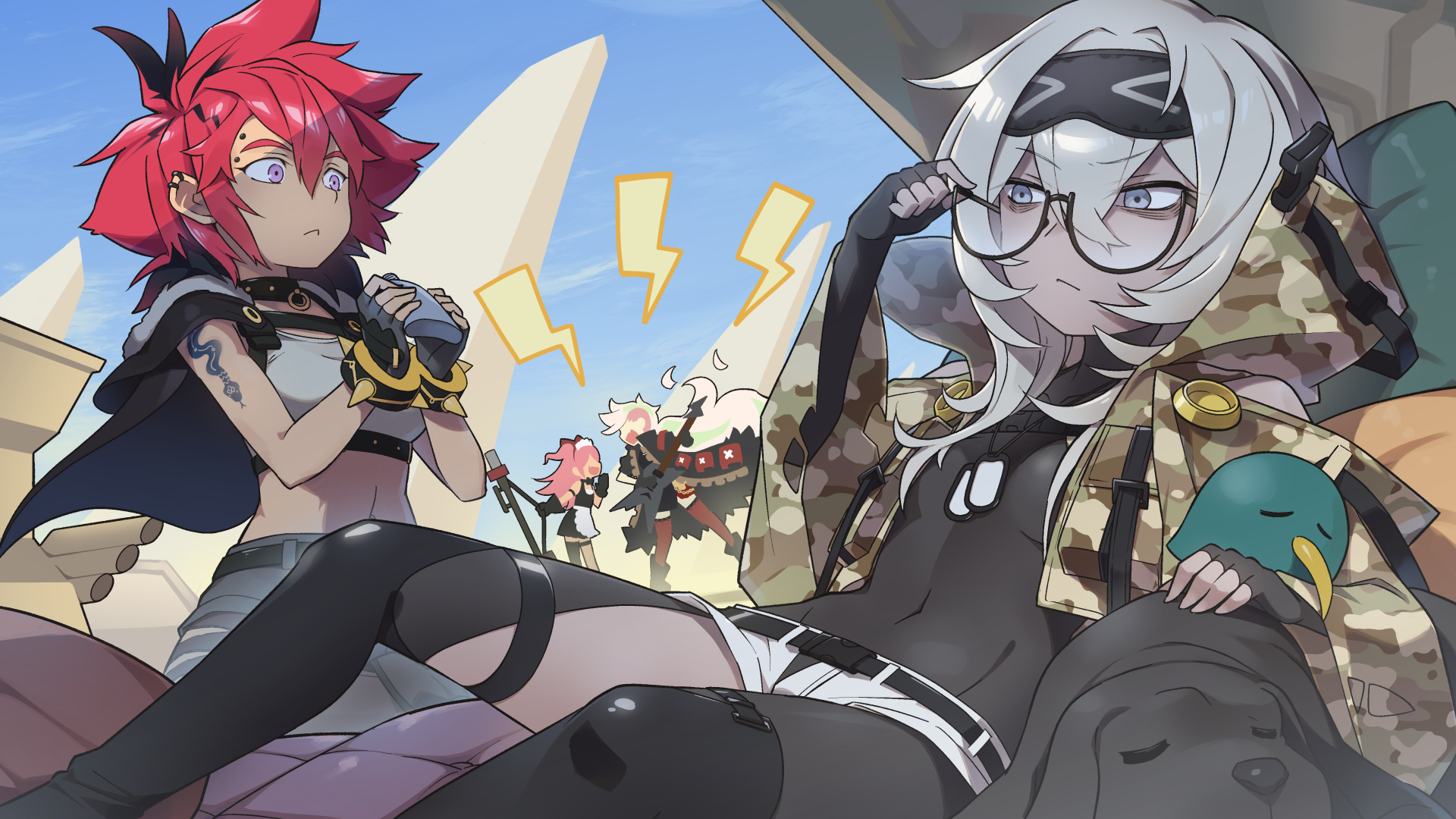 4girls :< adjusting_eyewear alchemy_stars annoyed apron arm_tattoo bags_under_eyes barbara_(alchemy_stars) bare_arms belt bird black_bodysuit black_capelet black_coat black_dress black_gloves black_hair black_legwear black_neckwear blue_sky bodysuit bow bowtie bracelet breasts camouflage camouflage_jacket capelet chest_strap closed_mouth clothing_cutout coat collar commentary_request covered_navel crop_top cropped_jacket dog dog_tags dress ear_piercing electric_guitar eyebrow_piercing face_piercing fang fingerless_gloves flask glasses gloves green_hair grey_eyes grey_hair grey_tank_top guitar highres holding holding_flask holding_instrument hood hooded_jacket instrument jacket jewelry jona_(alchemy_stars) kafka_(alchemy_stars) linea_alba long_hair looking_at_another maid_apron maid_headdress mask mask_on_head microphone_stand multicolored_hair multiple_girls navel open_mouth outdoors partial_commentary piercing pink_hair purple_eyes red_hair red_legwear regina_(alchemy_stars) shade short_hair short_shorts shorts single_thighhigh sitting skin_fang skin_tight sky sleep_mask small_breasts snake_tattoo spiked_bracelet spiked_hair spikes standing streaked_hair tank_top tattoo thigh_cutout thigh_strap thighhighs toto_nemigi undercut white_hair white_shorts