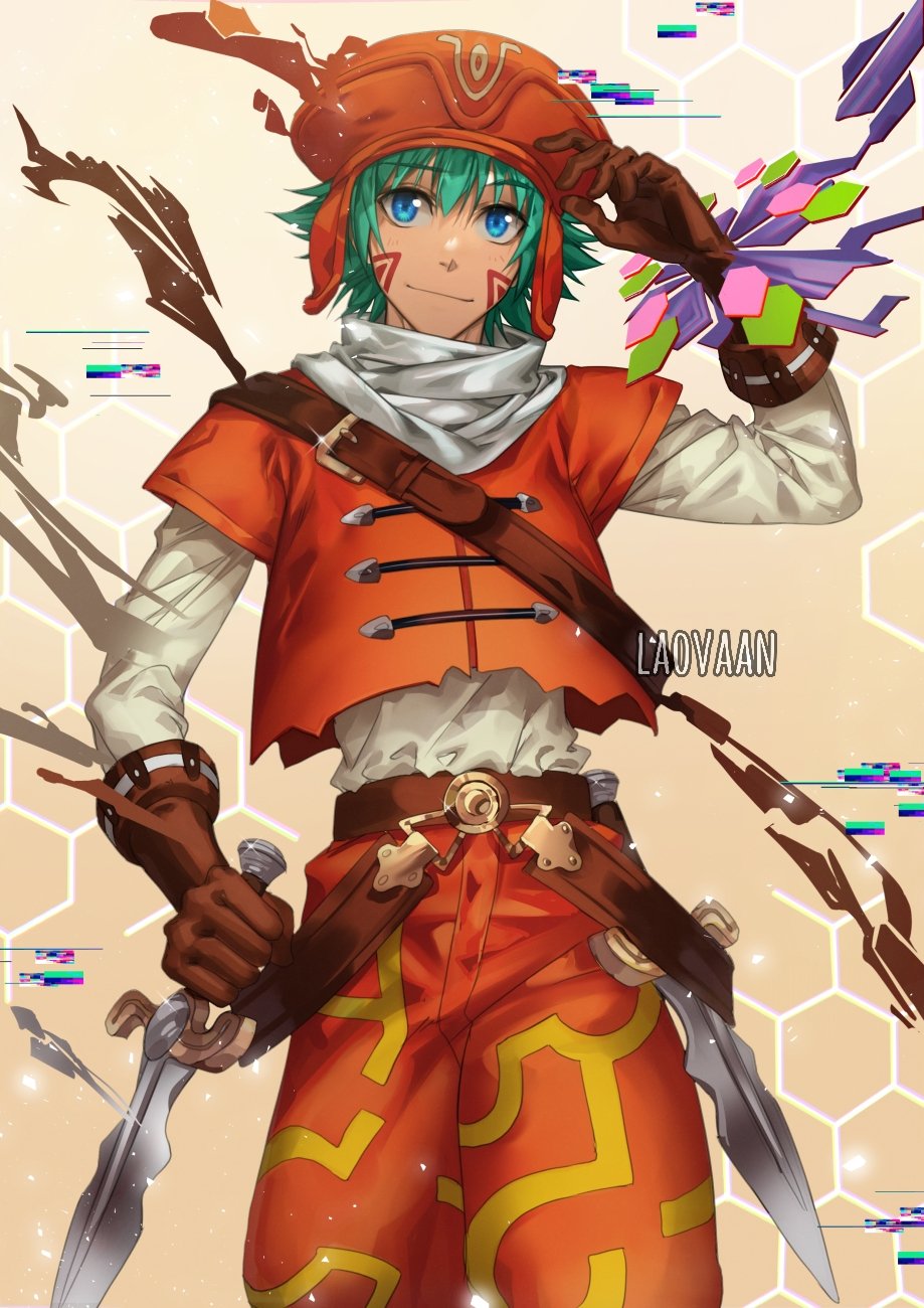 .hack// 1boy aqua_hair beige_background belt blue_eyes brown_belt brown_gloves dagger facial_mark glitch gloves gradient_background hair_between_eyes hexagon highres holding holding_weapon kite_(.hack//) knife laovaan male_focus red_headwear red_legwear shirt signature weapon white_shirt