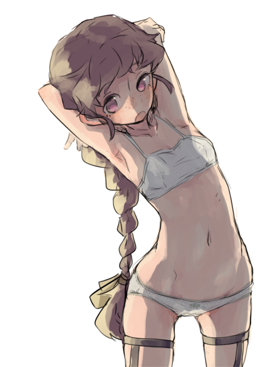 1girl arm_behind_head armpits bow bow_panties braid braided_ponytail breasts brown_hair female_focus freckles garter_straps green_ribbon groin hair_ribbon isuzu_(log_horizon) leaning_to_the_side log_horizon long_hair mo_(deciliter) navel open_mouth panties pink_eyes ponytail ribbon simple_background single_braid sketch small_breasts solo standing thigh_strap underwear underwear_only very_long_hair white_background
