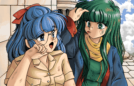 2girls angry arm_up blue_eyes blue_hair dirty dirty_clothes dirty_face game_cg glasses green_eyes green_hair long_hair looking_at_another lowres maria_custard masou_shizuka miyata_yukimi multiple_girls non-web_source open_mouth rance_(series) rance_iv tongue tongue_out