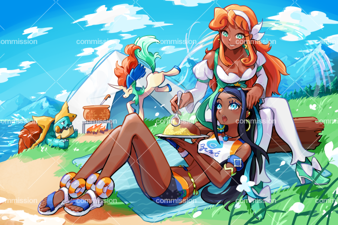 2girls :o armlet belly_chain bike_shorts black_hair blue_eyes breasts cleavage cloud commentary commission cooking_pot curry dark-skinned_female dark_skin day drednaw earclip earrings eyelashes ffccll fire flower food gen_5_pokemon gen_8_pokemon grass green_eyes green_shoes hairband high_heels holding holding_plate holding_spoon hoop_earrings jewelry keldeo legendary_pokemon looking_up mountainous_horizon multiple_girls mythical_pokemon nessa_(pokemon) nintendo open_mouth orange_hair original outdoors pants picnic_blanket plate pokemon pokemon_(creature) pokemon_swsh sandals shoes sidelocks sky smile spoon sports_bra tent toes watermark white_flower white_hairband white_pants white_sandals