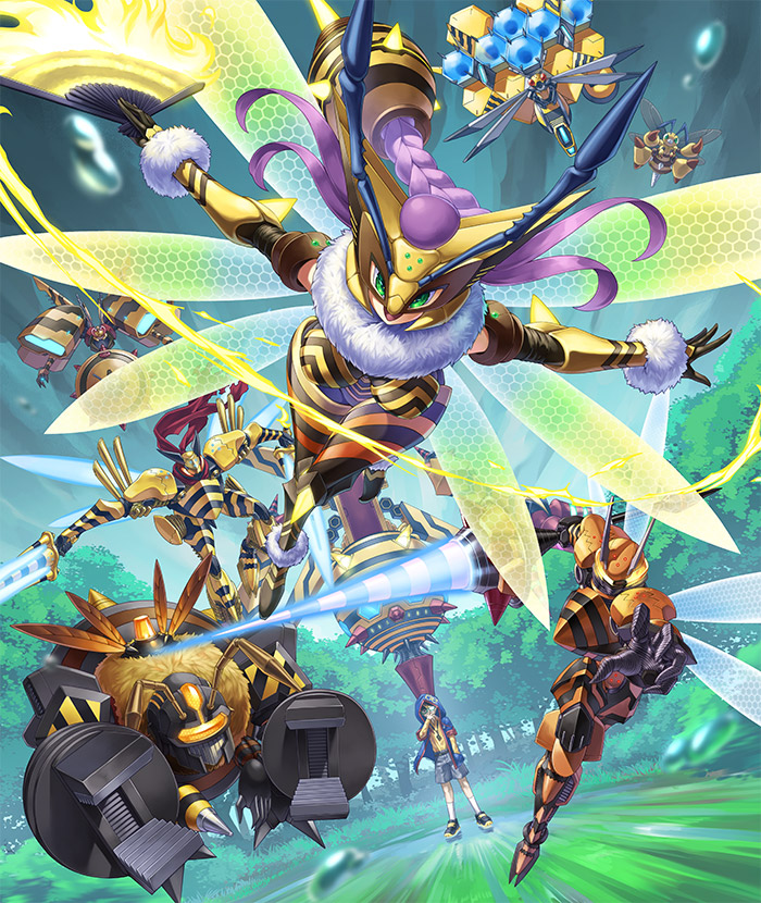 1boy 1girl 6+others antennae armor arthropod_girl bee black_armor black_bodysuit black_hair blonde_hair blue_jacket blurry blurry_foreground bodysuit breasts bug cannon cannonbeemon collared_shirt cyborg digimon digimon_(creature) digimon_(virtual_pet) digimon_card_game digimon_liberator dual_wielding energy_blade energy_sword evolutionary_line forest forgebeemon funbeemon fur_trim grass green-framed_eyewear green_eyes hand_fan hand_in_pocket holding holding_fan holding_polearm holding_sword holding_weapon hood hood_up hooded_jacket incoming_attack insect insect_wings jacket joints kazuki_seihou lance large_breasts leotard long_hair looking_at_viewer mask mechanical_arms motion_lines multicolored_hair multiple_others multiple_wings nature non-humanoid_robot official_art one_eye_closed open_mouth polearm purple_hair queenbeemon red_scarf robot robot_animal scarf semi-rimless_eyewear shirt streaked_hair striped_clothes striped_leotard sword teamwork tigervespamon trait_connection two-tone_hair under-rim_eyewear vespamon virtual_pet_(toy) wasp waspmon water_drop weapon wings winr yellow_armor yellow_shirt