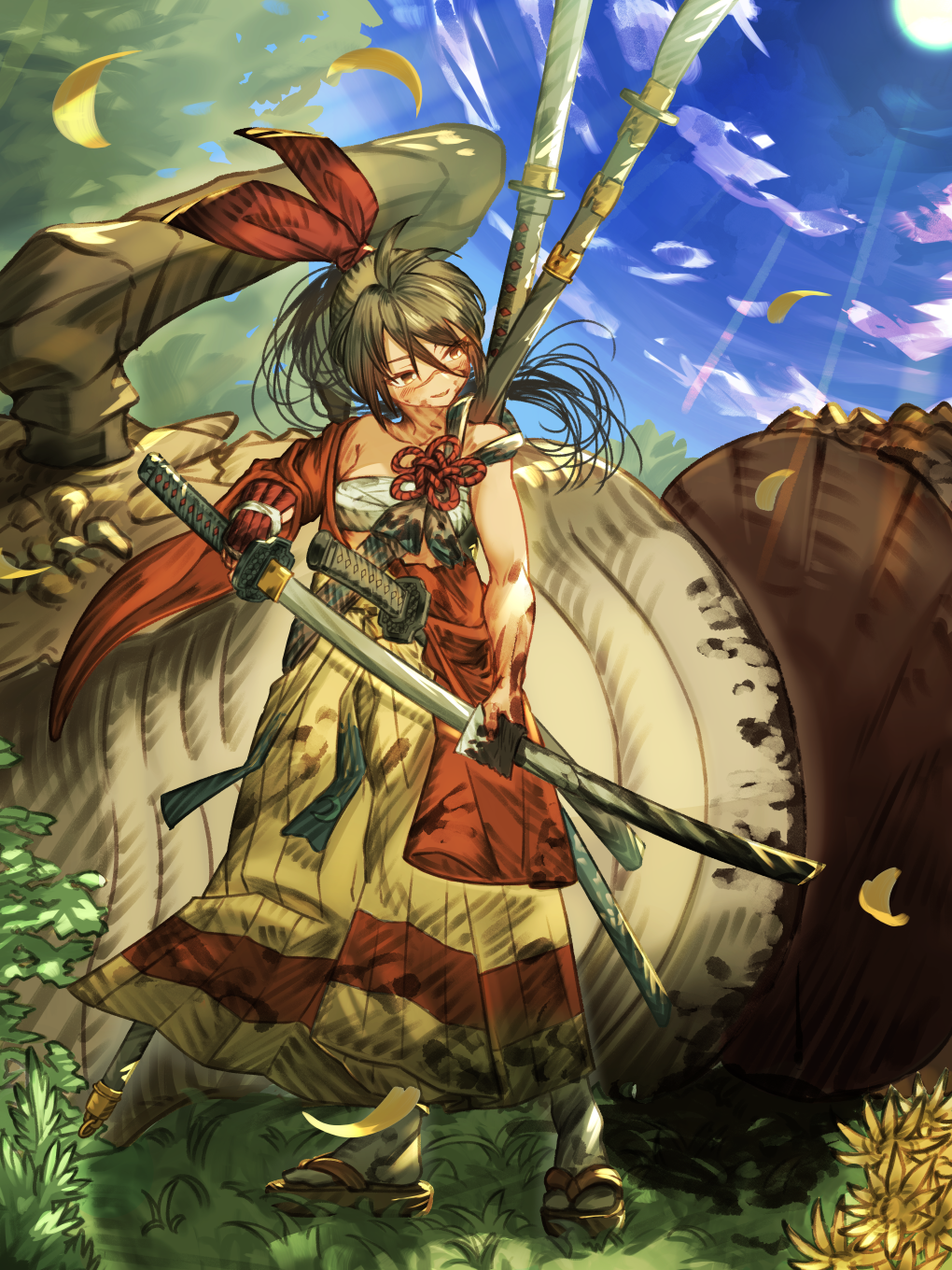 1girl black_hair blood blood_on_hands bloody_weapon blue_sky bow cleaning cleaning_sword cleaning_weapon grass hair_between_eyes hair_bow hakama highres isekai_samurai japanese_clothes katana outdoors parted_lips ponytail red_bow sandals sarashi scar scar_on_face scar_on_nose sky smile solo standing sword tabi takako_(takako25252525) tsukitsuba_ginko weapon weapon_on_back wide_sleeves zouri