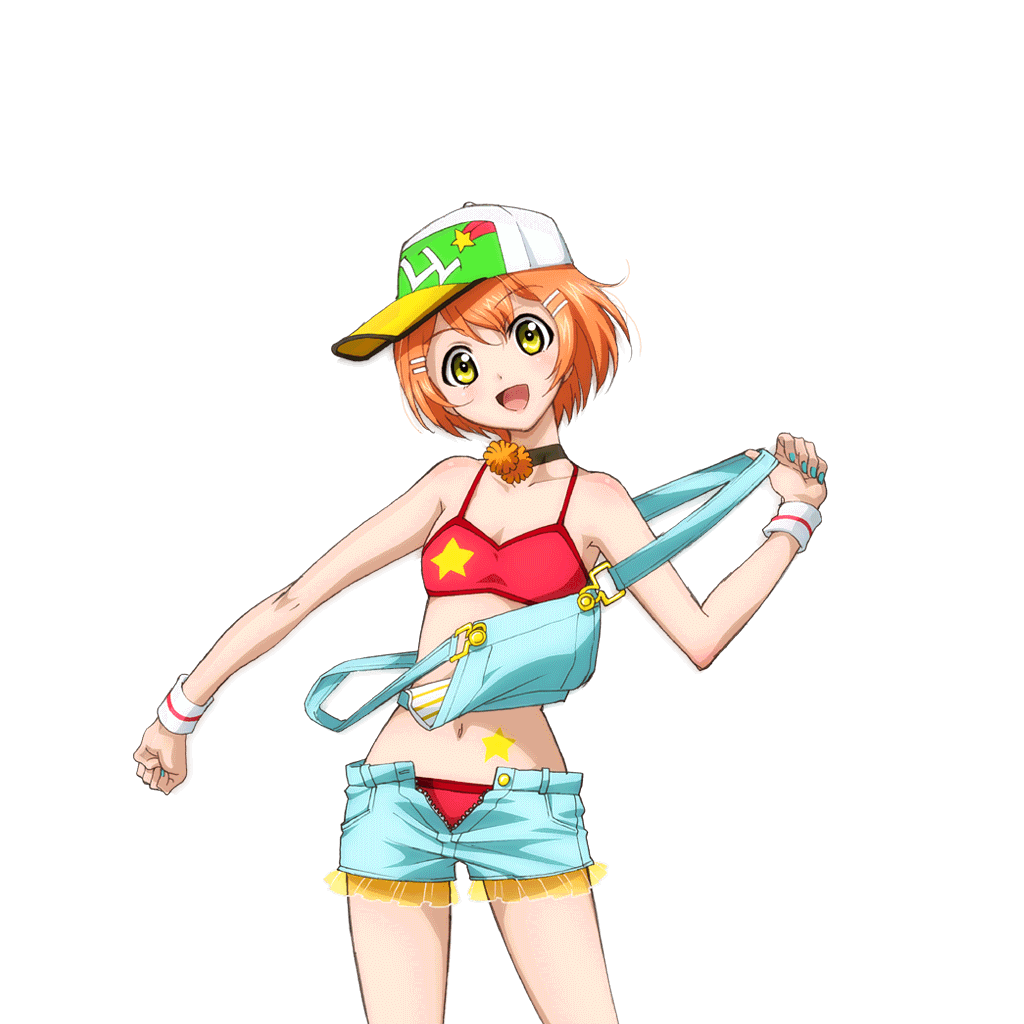 1girl :d anime_coloring aqua_nails aqua_shorts bare_shoulders baseball_cap bikini black_choker blush breasts choker clenched_hand cowboy_shot double_strap_slip frilled_shorts frills hair_ornament hairclip hand_up hat hoshizora_rin looking_at_viewer love_live! love_live!_school_idol_festival love_live!_school_idol_project navel official_art open_mouth orange_hair red_bikini short_hair shorts small_breasts smile solo standing star_(symbol) star_tattoo stomach_tattoo swimsuit tattoo transparent_background wristband yellow_eyes
