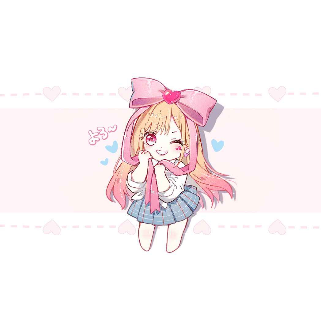 1girl blonde_hair blue_skirt bow chibi danby_merong front-tie_top gradient_hair grin hair_bow hair_ornament hands_up heart heart_hair_ornament kitagawa_marin long_hair long_sleeves multicolored_hair one_eye_closed pink_background pink_bow pink_hair pleated_skirt red_eyes school_uniform shirt skirt smile solo sono_bisque_doll_wa_koi_wo_suru standing two-tone_background very_long_hair white_background white_shirt