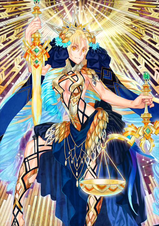 1girl arm_up armor armored_leotard astraea_(fate) astraea_(third_ascension)_(fate) azuma_toh balance_scale bare_arms black_leotard blonde_hair blue_hair blue_ribbon blue_skirt breasts cleavage cleavage_cutout clothing_cutout crown curtained_hair drill_hair fate/grand_order fate_(series) feet_out_of_frame game_cg gold_armor hair_ornament hair_ribbon halter_leotard halterneck high-low_skirt high_collar holding holding_scale holding_sword holding_weapon leotard long_hair long_ribbon long_sidelocks looking_at_viewer medium_breasts multicolored_hair official_art orange_eyes outstretched_arm reverse_grip ribbon sideless_leotard sidelocks single_sidelock skirt sleeveless smile solo standing standing_on_one_leg stomach_cutout sword third-party_source toned toned_female twisted_torso two-tone_hair variant_set very_long_hair weapon weighing_scale
