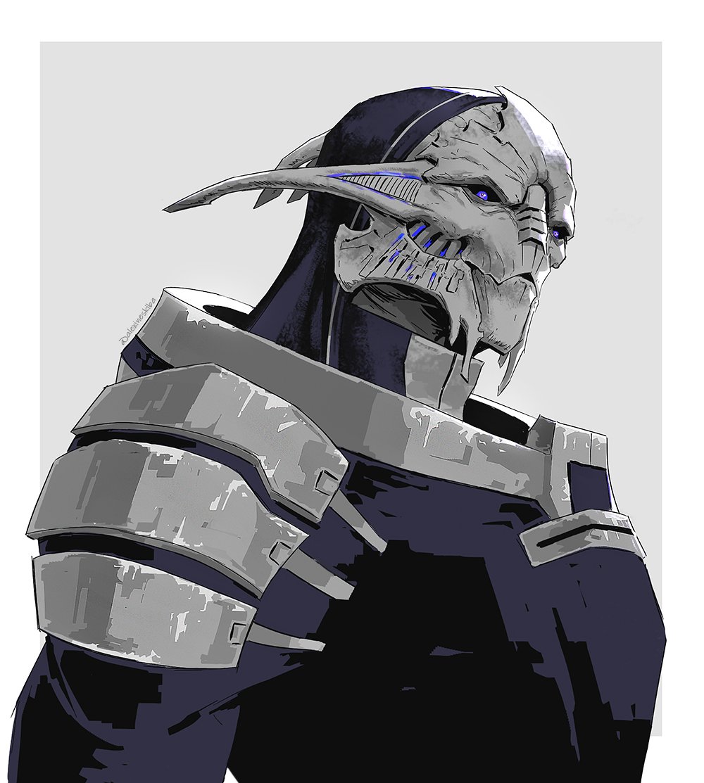 1boy aleksandra_skiba alien armor black_sclera blue_eyes border colored_sclera colored_skin commentary english_commentary grey_skin male_focus mass_effect_(series) mass_effect_1 outside_border pauldrons saren_arterius shoulder_armor solo turian upper_body white_border