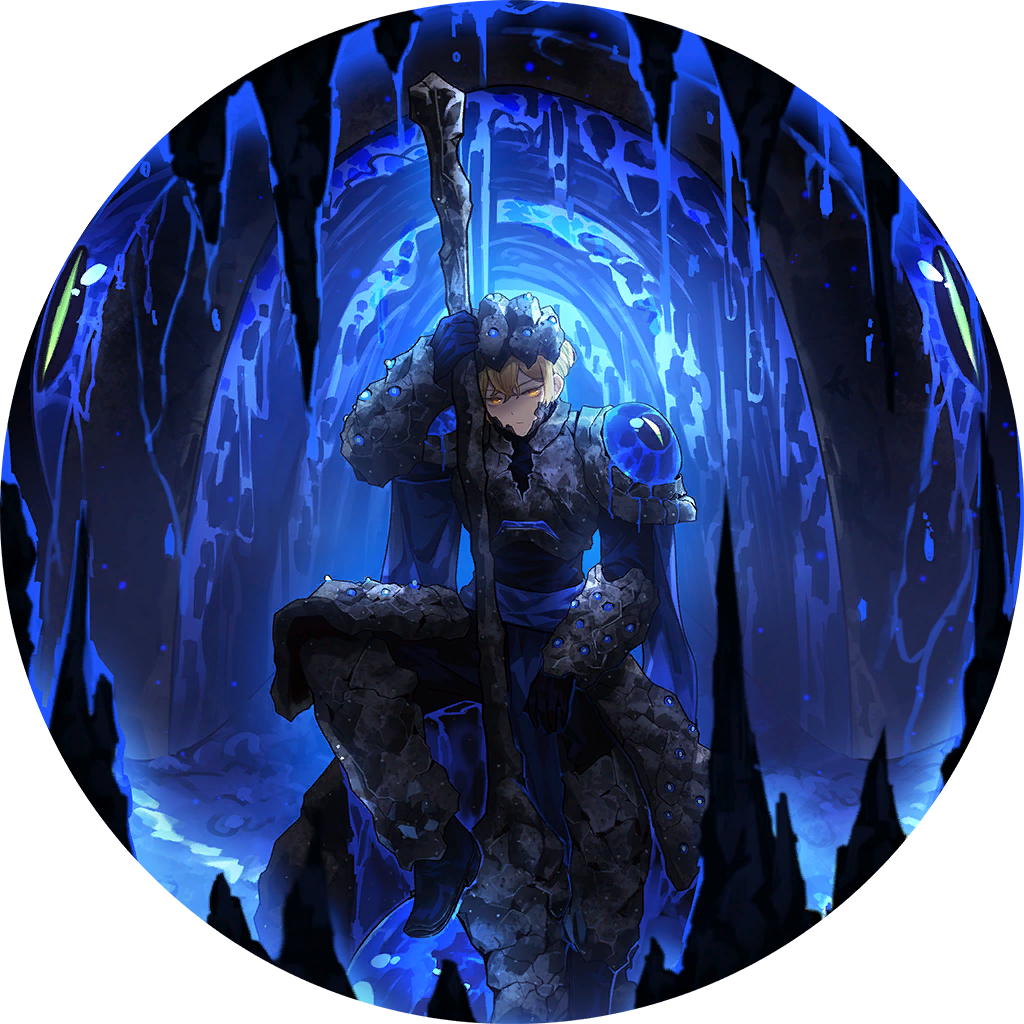 1boy armor belt blonde_hair blubbering_toad_(project_moon) blue_belt blue_eyes blue_footwear cavernous_wailing_(e.g.o) e.g.o_(project_moon) game_cg holding holding_staff limbus_company nai_ga official_art project_moon shoes short_hair sinclair_(project_moon) solo_focus staff stalactite stalagmite yellow_eyes