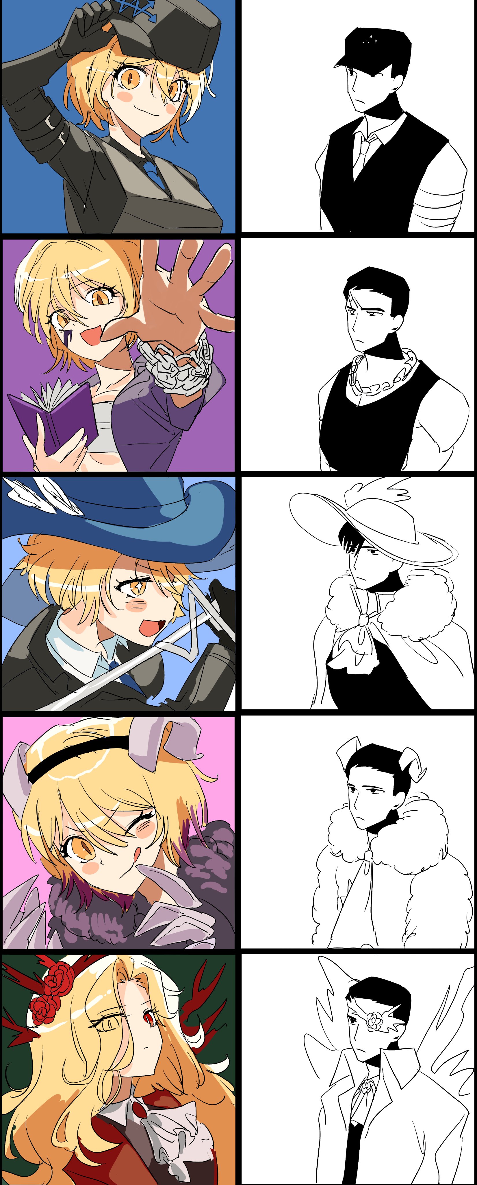 1boy 1girl absurdres blonde_hair book chain chain_necklace chest_sarashi claws don_quixote_(project_moon) e.g.o_(project_moon) electric_screaming_(e.g.o) expressionless hat highres holding holding_book holding_sword holding_weapon horns jewelry limbus_company long_hair looking_at_viewer meurdon meursault_(project_moon) middle_(identity)_(project_moon) multiple_views necklace one_eye_closed partially_colored plume project_moon rapier recurring_image red_eyes sarashi sheep_horns smile sword tongue tongue_out w_corp._(identity)_(project_moon) weapon yearning-mircalla_(e.g.o) yellow_eyes