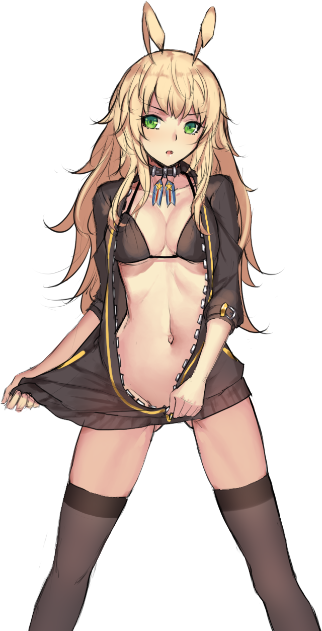 1girl antenna_hair azur_lane bad_id bad_pixiv_id bikini black_bikini black_thighhighs blonde_hair bottomless breasts cleavage collar female_focus gluteal_fold green_eyes grey_thighhighs highres jacket legs_apart long_hair musyne_xsk naked_jacket navel no_panties open_mouth simple_background solo standing stomach swimsuit thighhighs wasp_(azur_lane) white_background