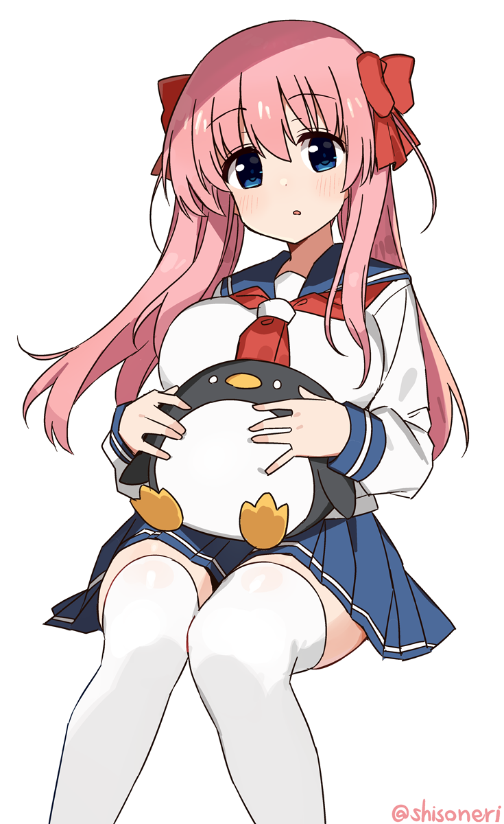 1girl blouse blue_eyes blue_skirt blush bow etopen female_focus hair_bow haramura_nodoka highres holding holding_stuffed_toy invisible_chair kiyosumi_school_uniform long_hair long_sleeves looking_at_viewer miniskirt neckerchief parted_lips pink_hair pleated_skirt red_bow red_neckerchief saki_(manga) school_uniform serafuku shirt shisoneri simple_background single_horizontal_stripe sitting skirt solo stuffed_animal stuffed_penguin stuffed_toy thighhighs twintails twitter_username white_background white_shirt white_thighhighs