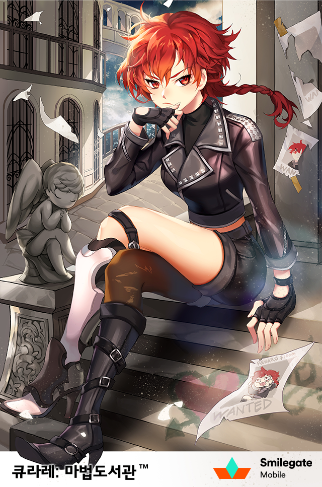 &gt;:/ 1girl :/ ahoge arm_support arm_up asymmetrical_footwear asymmetrical_legwear belt belt_boots belt_buckle black_belt black_boots black_gloves black_jacket black_pantyhose black_shirt black_shorts blue_sky boots braid breasts buckle building closed_mouth cloud cloudy_sky company_name copyright_name cropped_jacket crossed_legs eyelashes eyes_visible_through_hair female_focus fingerless_gloves full_body gloves hair_between_eyes hand_to_own_mouth high_heel_boots high_heels jacket knee_boots korean_text large_breasts leather leather_jacket light_particles long_hair long_sleeves looking_at_viewer mismatched_footwear morning muse_(rainforest) o-ring official_art original outdoors pantyhose qurare_magic_library railing red_eyes red_hair shirt shorts single_braid single_leg_pantyhose sitting sky sleeve_cuffs solo studded_jacket tape text_focus torn_clothes torn_pantyhose torn_paper turtleneck uneven_legwear v-shaped_eyebrows vulcan_(qurare) wanted_poster white_boots wind wind_lift
